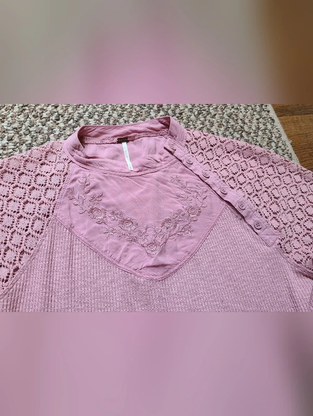 Free People Sweetest Thing Lace Sleeve Embroidered Thermal Top Med
